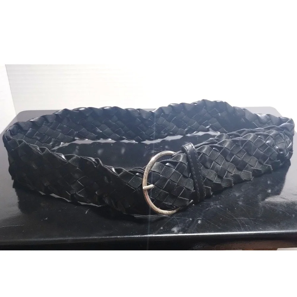 Black Woven Braided Wide Cinch Belt Silver Round Buckle Size 36 Inch Length